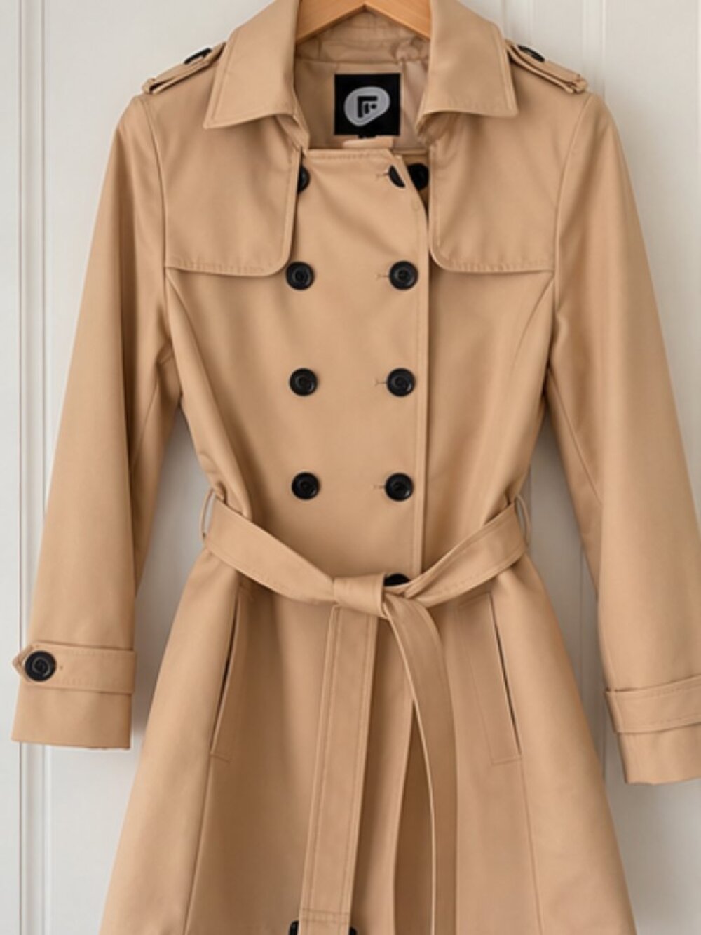 FARVALUE Beige Double Breasted Belted Trench Coat Size L